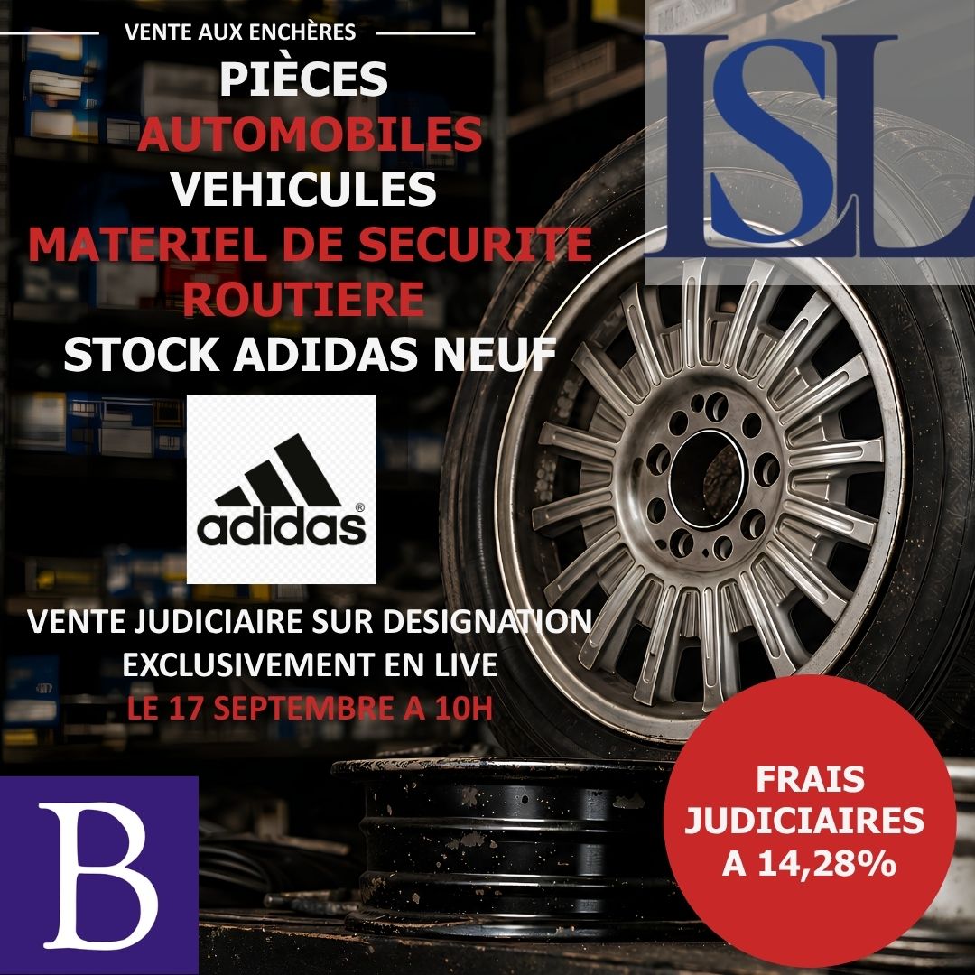 VENTE SUR DESIGNATION : Pièces et accessoires automobiles, divers, véhicules. Important stock ADIDAS. Matériel de sécurité routière
